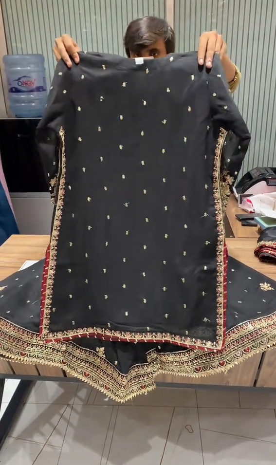 Black Lama Embroidered 3 Piece Dress