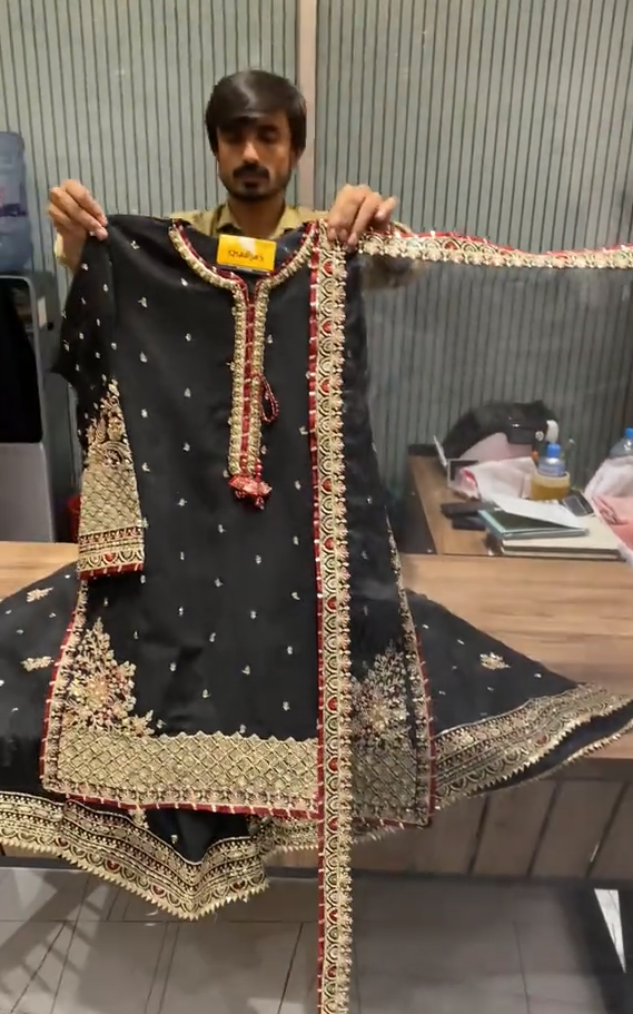 Black Lama Embroidered 3 Piece Dress
