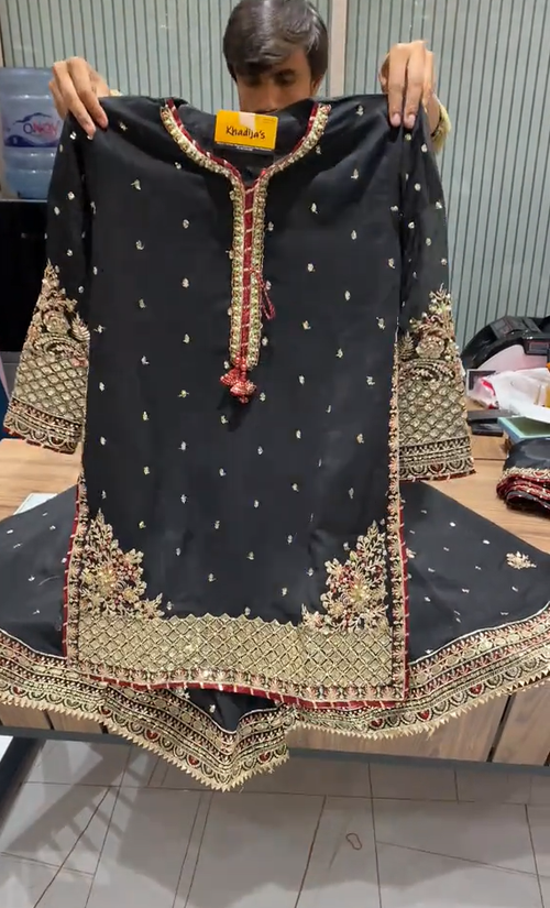Black Lama Embroidered 3 Piece Dress
