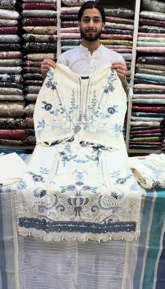 Lama White Embroidered 3 Pcs Dress