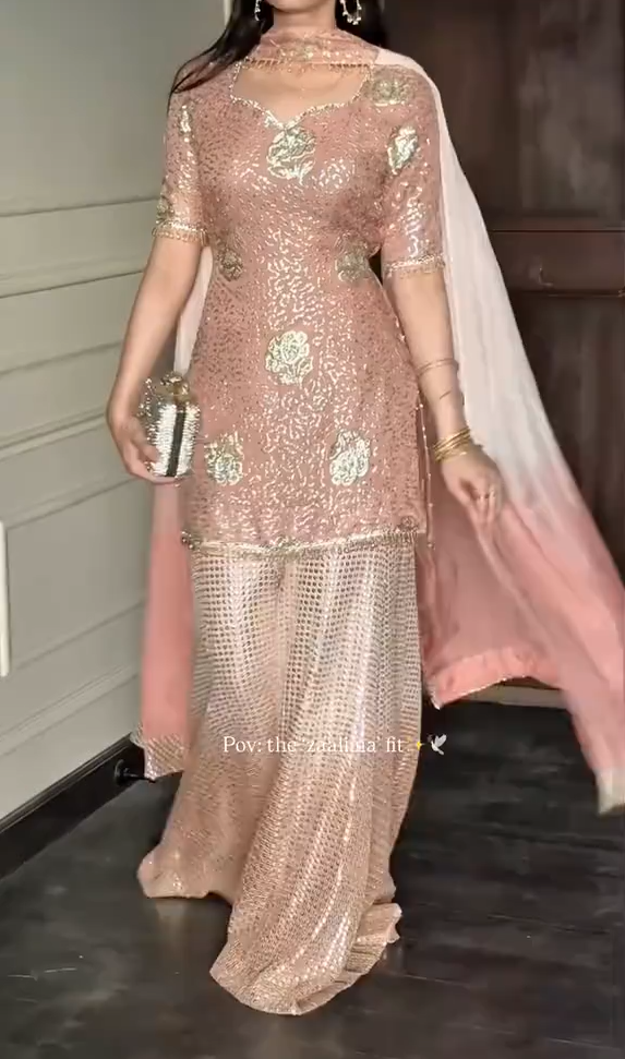 Regal Rose Pink Sequined Zaalima Sharara Suit